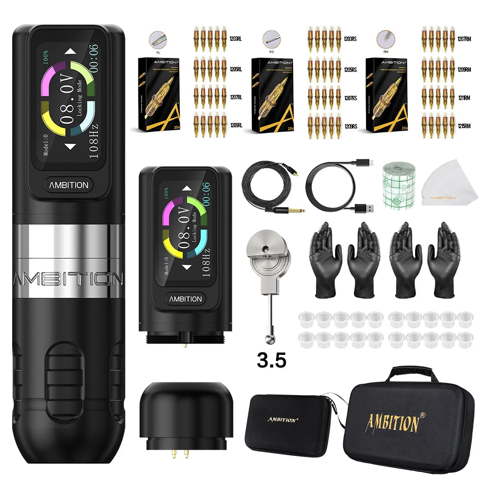 Ambition Zetton Kit Straight Rod Wireless Tattoo Machine Pen 4.0mm 3.5mm Stroke Brushless Motor 2400mAh Touch Screen Battery