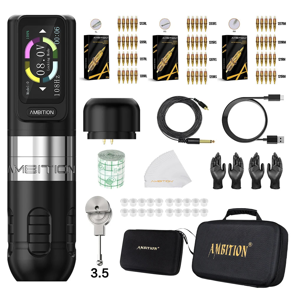 Ambition Zetton Kit Straight Rod Wireless Tattoo Machine Pen 4.0mm 3.5mm Stroke Brushless Motor 2400mAh Touch Screen Battery