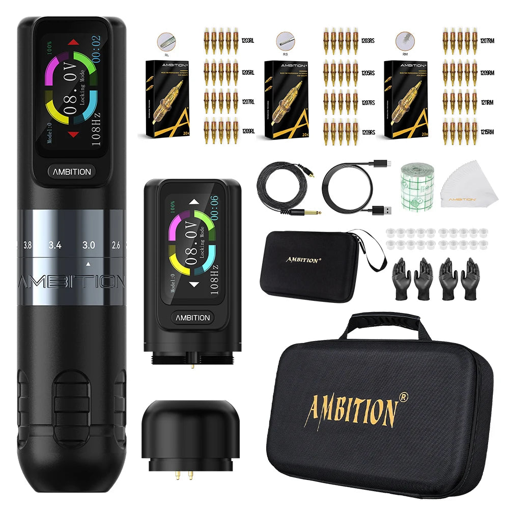 Ambition Seher Wireless Tattoo Machine Pen Kit 2.2-4.2mm Adjustable Stroke 2400mAh Capacity Battery Strong Coreless Motor supply