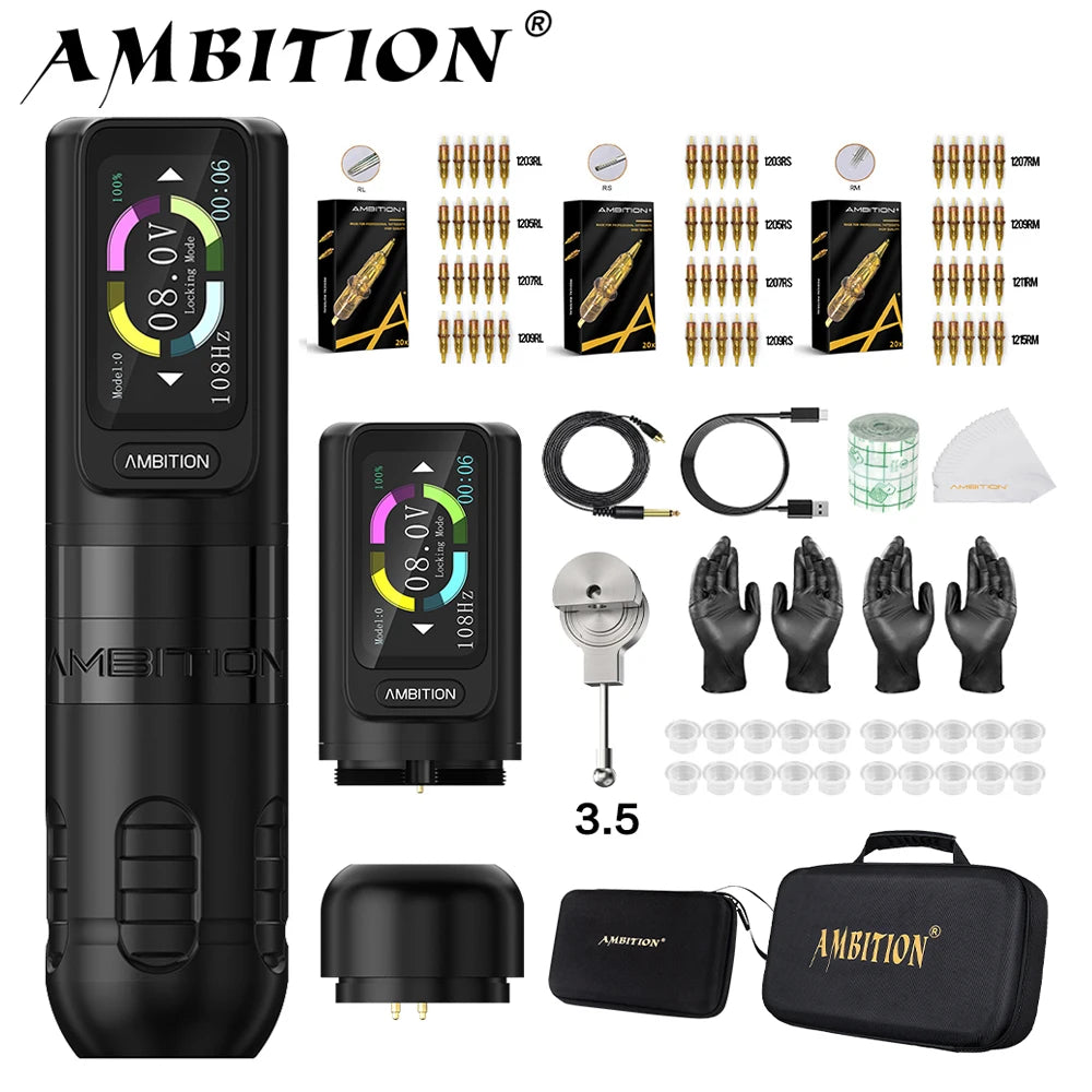Ambition Zetton Kit Straight Rod Wireless Tattoo Machine Pen 4.0mm 3.5mm Stroke Brushless Motor 2400mAh Touch Screen Battery