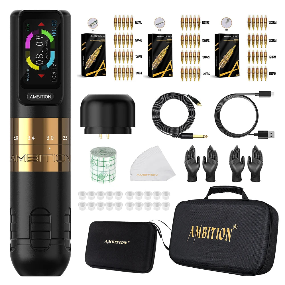 Ambition Seher Wireless Tattoo Machine Pen Kit 2.2-4.2mm Adjustable Stroke 2400mAh Capacity Battery Strong Coreless Motor supply