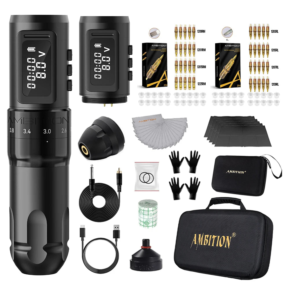Ambition MARS-U Tattoo Machine Kit Wireless Battery Tattoo Pen Adjustable Stroke 2.2-4.2mm Professional Coreless Motor 1800mAh