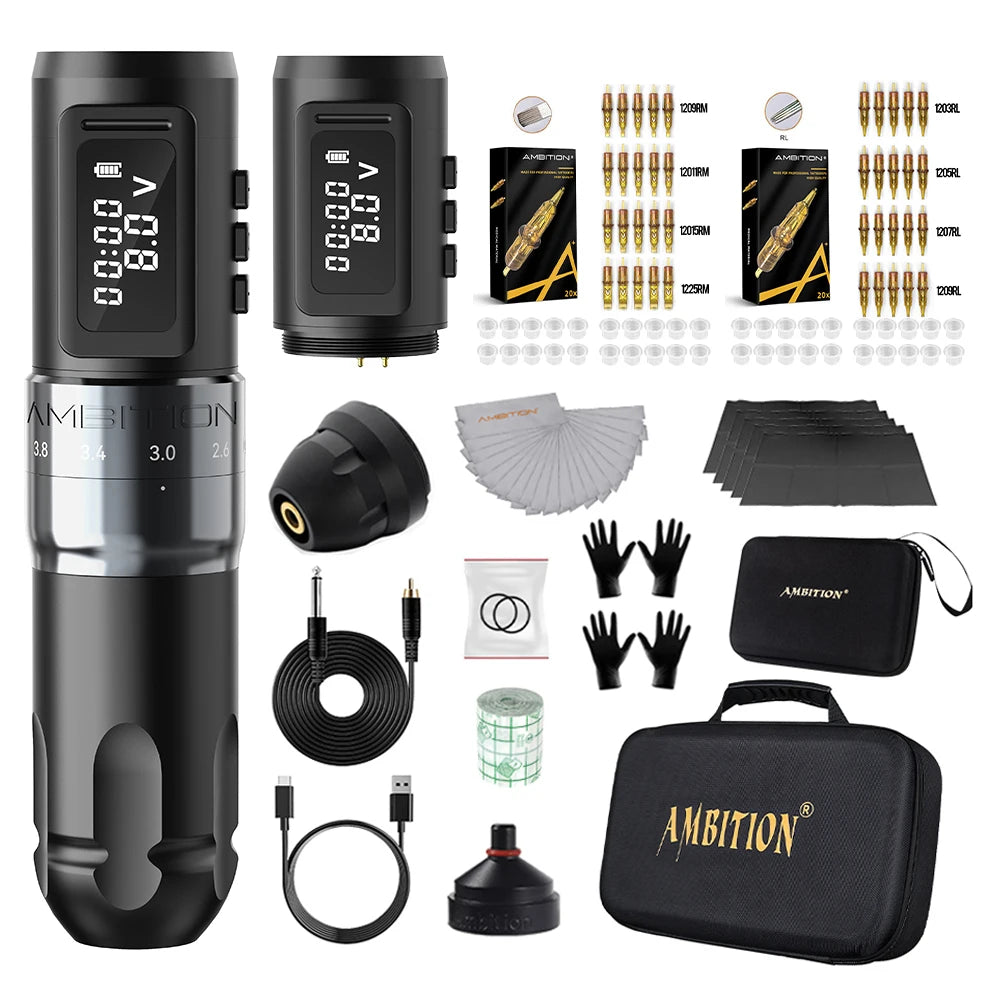 Ambition MARS-U Tattoo Machine Kit Wireless Battery Tattoo Pen Adjustable Stroke 2.2-4.2mm Professional Coreless Motor 1800mAh