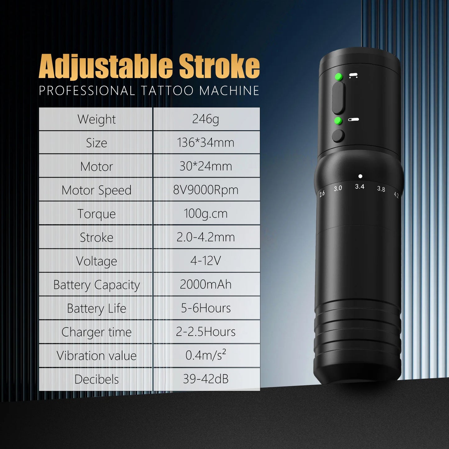 Ambition Flash Adjustable Stroke 2.0-4.2mm 7 Types Wireless Tattoo Machine Capacity 2000mAh Battery Pen for Tattoo Artist Supply