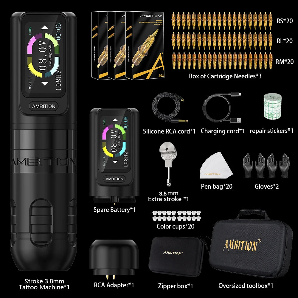 Ambition Zetton Kit Straight Rod Wireless Tattoo Machine Pen 4.0mm 3.5mm Stroke Brushless Motor 2400mAh Touch Screen Battery