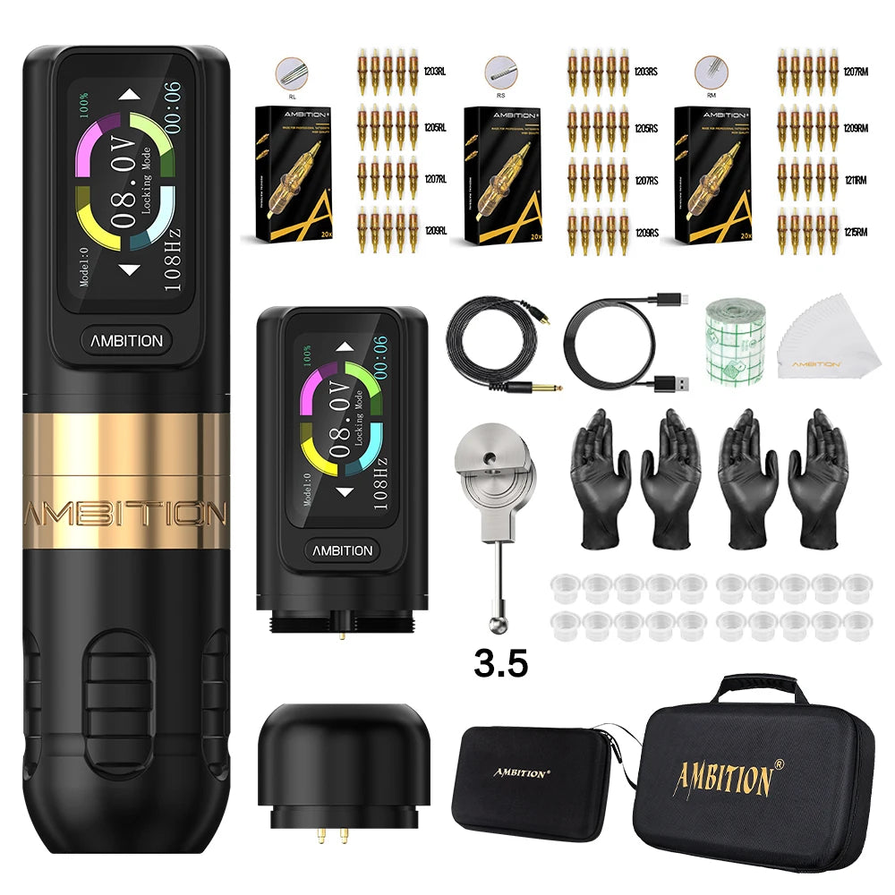 Ambition Zetton Kit Straight Rod Wireless Tattoo Machine Pen 4.0mm 3.5mm Stroke Brushless Motor 2400mAh Touch Screen Battery