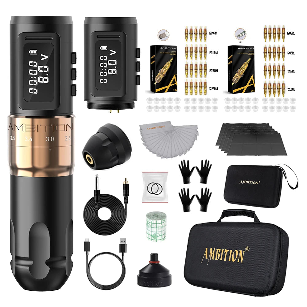 Ambition MARS-U Tattoo Machine Kit Wireless Battery Tattoo Pen Adjustable Stroke 2.2-4.2mm Professional Coreless Motor 1800mAh