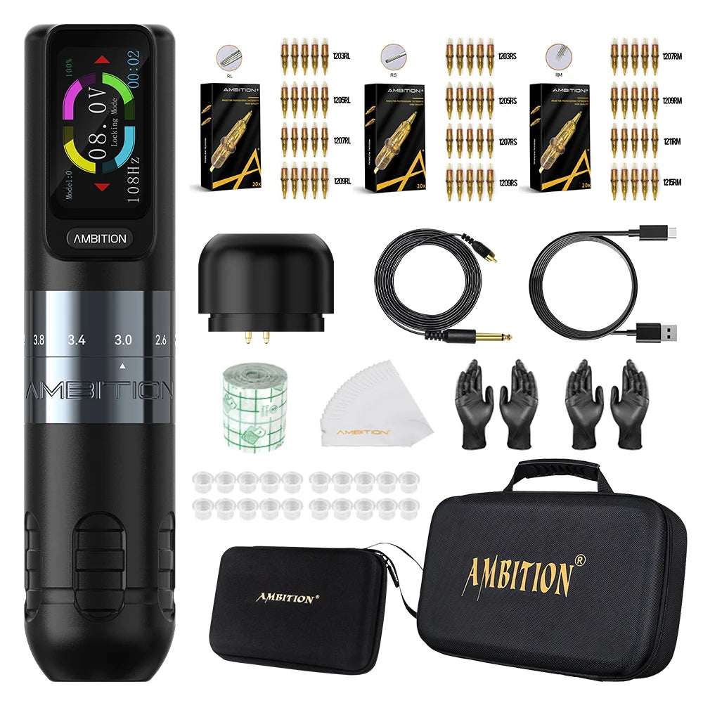 Ambition Seher Wireless Tattoo Machine Pen Kit 2.2-4.2mm Adjustable Stroke 2400mAh Capacity Battery Strong Coreless Motor supply