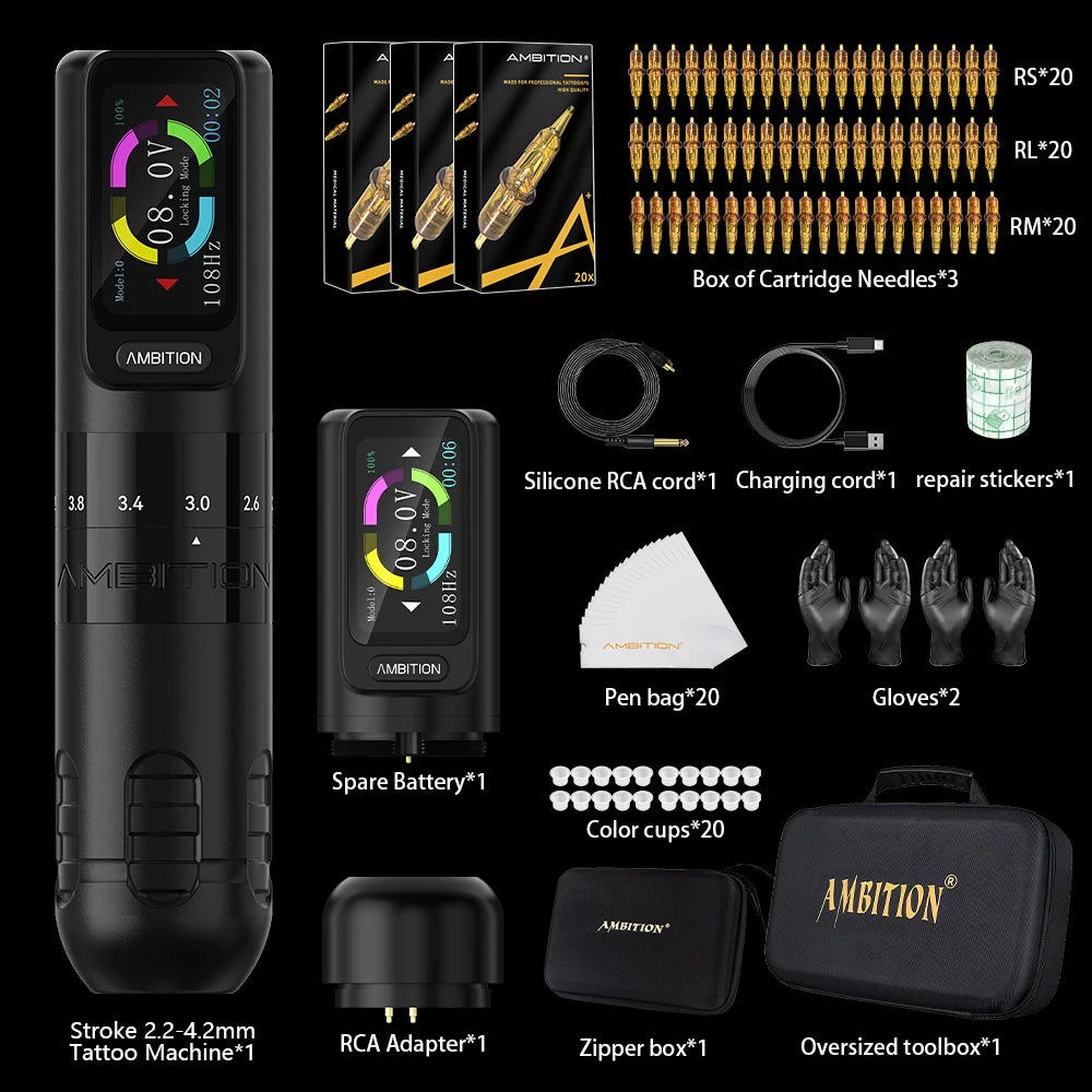 Ambition Seher Wireless Tattoo Machine Pen Kit 2.2-4.2mm Adjustable Stroke 2400mAh Capacity Battery Strong Coreless Motor supply