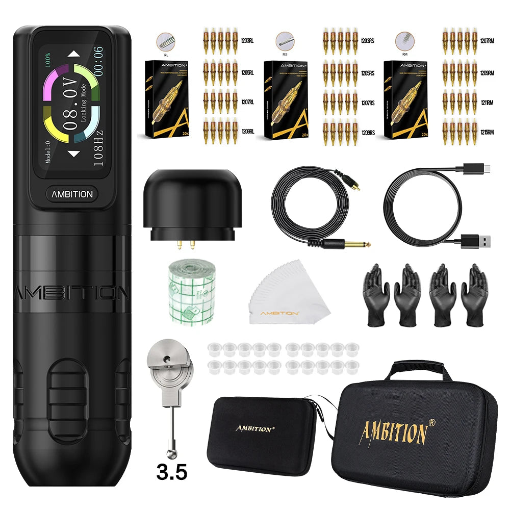Ambition Zetton Kit Straight Rod Wireless Tattoo Machine Pen 4.0mm 3.5mm Stroke Brushless Motor 2400mAh Touch Screen Battery