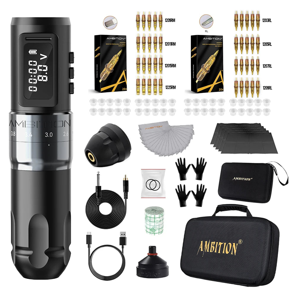 Ambition MARS-U Tattoo Machine Kit Wireless Battery Tattoo Pen Adjustable Stroke 2.2-4.2mm Professional Coreless Motor 1800mAh