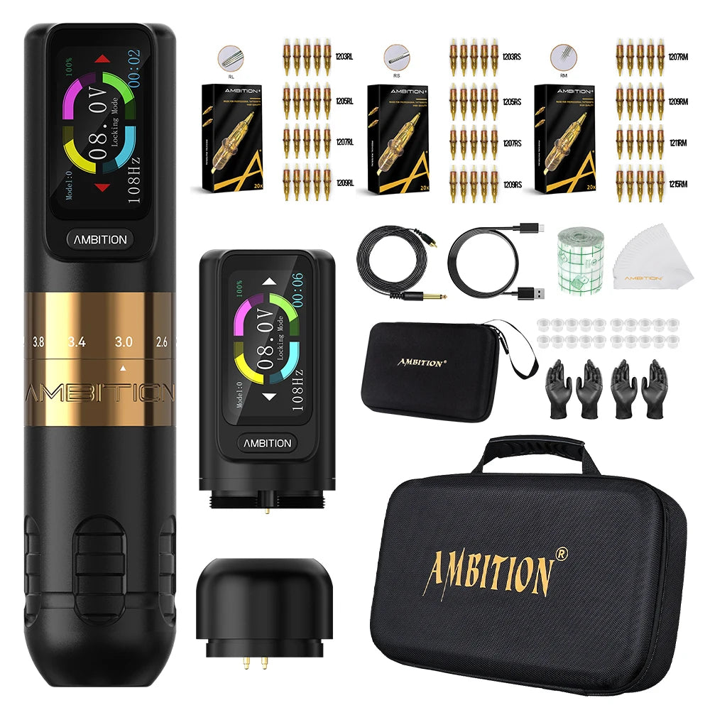 Ambition Seher Wireless Tattoo Machine Pen Kit 2.2-4.2mm Adjustable Stroke 2400mAh Capacity Battery Strong Coreless Motor supply