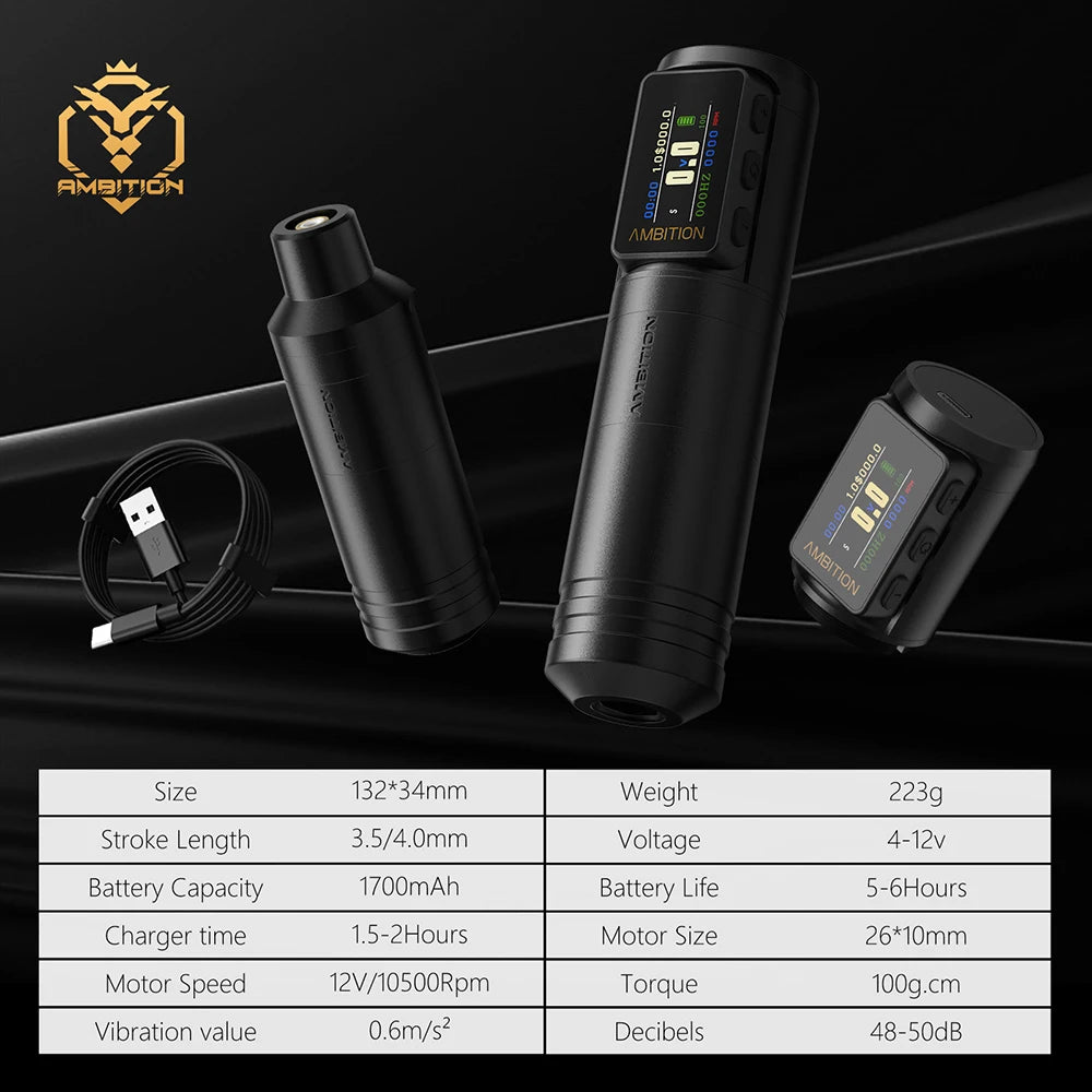 Ambition Ninja 2025 Wireless Tattoo Machine Stroke4.0mm/3.5mm Battery Pen 1700mAh Professional Coreless Motor Tattoo Artist Body