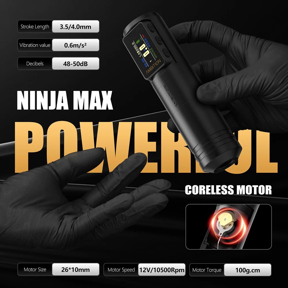 Ambition Ninja 2025 Wireless Tattoo Machine Stroke4.0mm/3.5mm Battery Pen 1700mAh Professional Coreless Motor Tattoo Artist Body