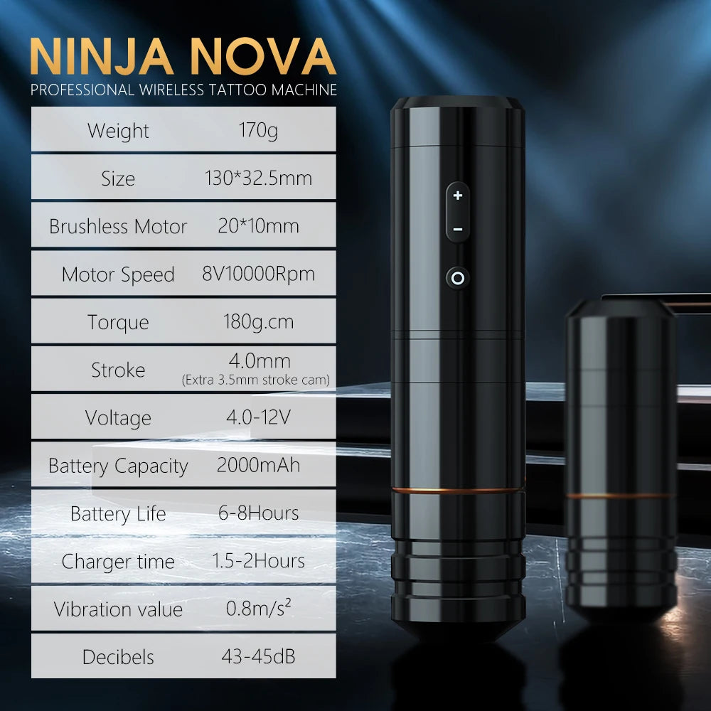 Ambition Ninja Nova 2024 Latest Unlimited Wireless Tattoo Pen Machine 4.0/3.5mm Stroke Brushless Motor for Tattoo Artist Body