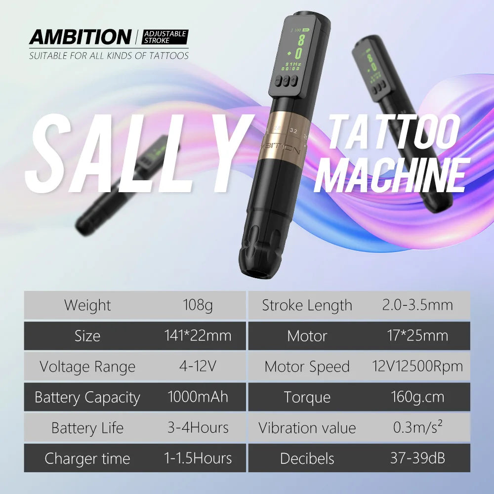 Ambition Sally Wireless Permanent Makeup Machine Tattoo Pen Rotary 2.0-3.5mm adjustable stroke Coreless Motor Tattoo Supplies