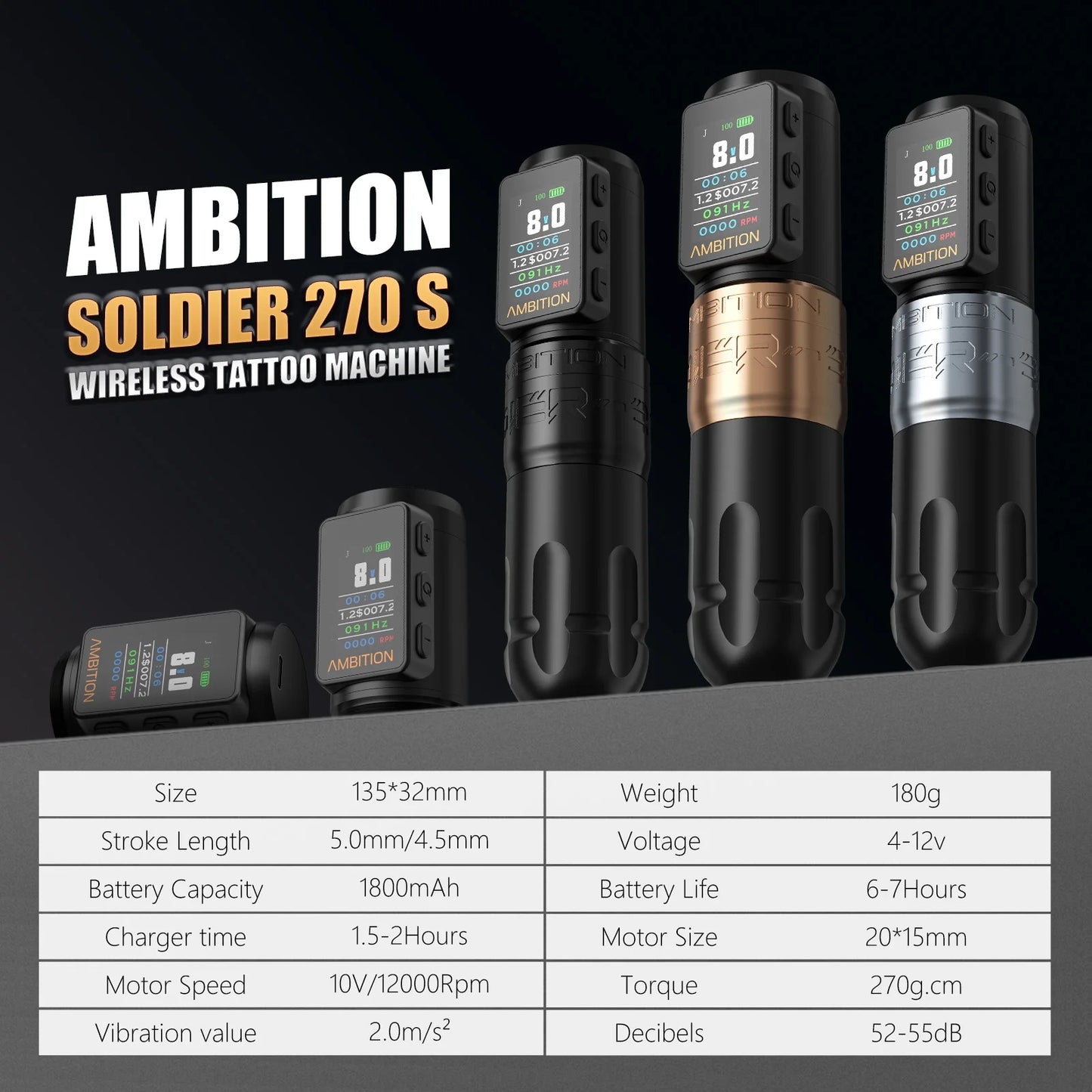 Ambition Soldier270 S Wireless Tattoo Machine Stroke 5.0+4.5mm 1800mAh Billing Battery with 270 g.cm High Torque Brushless Motor