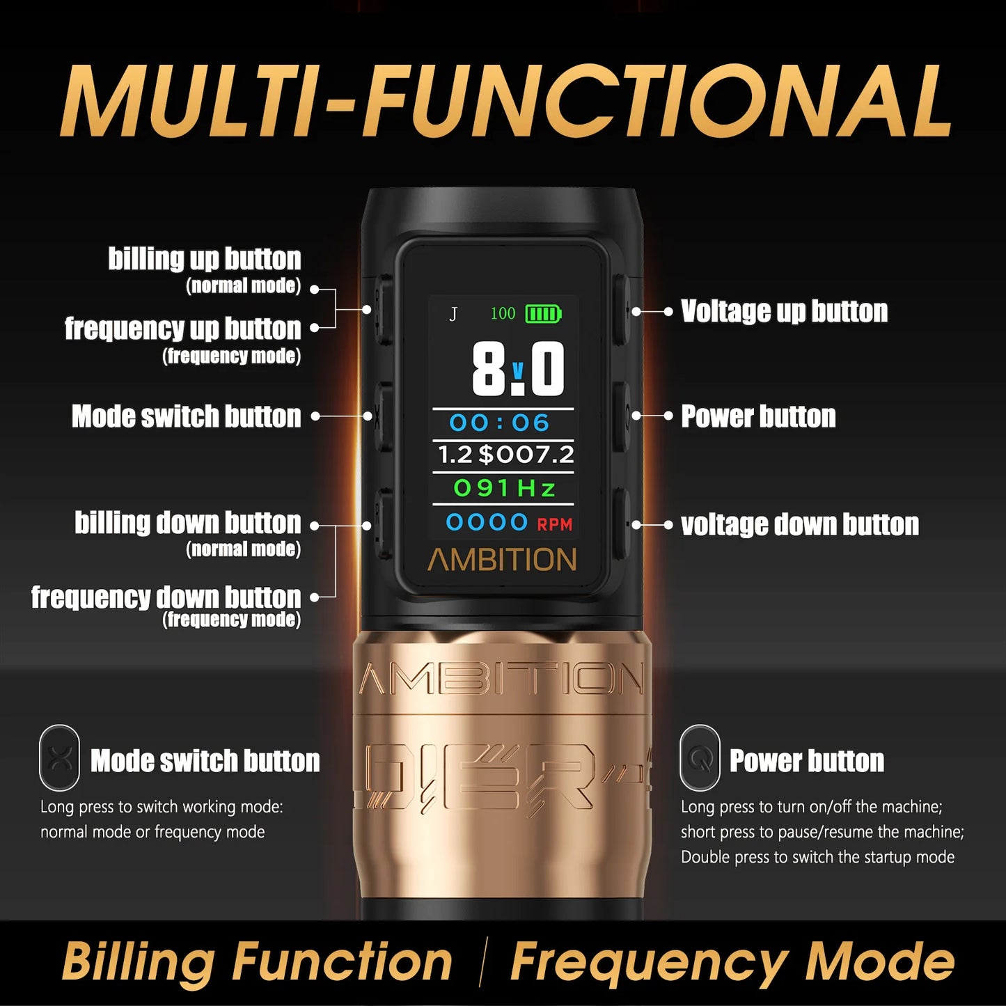 Ambition Soldier270 S Wireless Tattoo Machine Stroke 5.0+4.5mm 1800mAh Billing Battery with 270 g.cm High Torque Brushless Motor