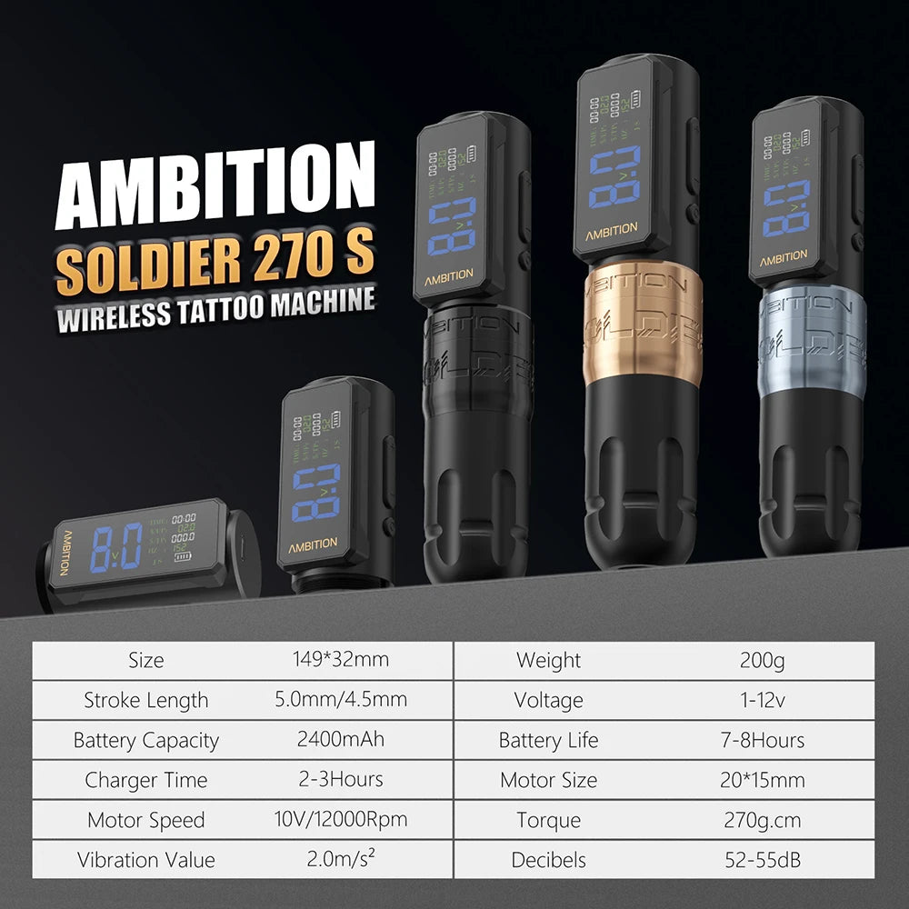 Ambition Soldier270S Stroke 4.5+5.0mm Wireless Tattoo Machine Professional Brushless Motor Pen 2400mAh Battery 1-12V for Tattoo
