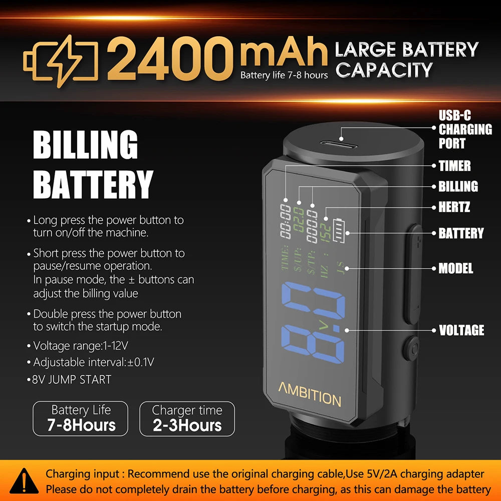 Ambition Soldier270S Stroke 4.5+5.0mm Wireless Tattoo Machine Professional Brushless Motor Pen 2400mAh Battery 1-12V for Tattoo