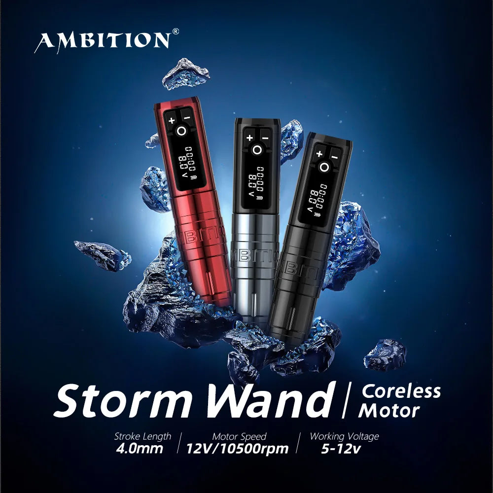 Ambition Storm Wand Wireless Tattoo Machine Pen Coreless Motor 2400mAh Capacity Battery Direct Drive Fast Charge for Body Artist