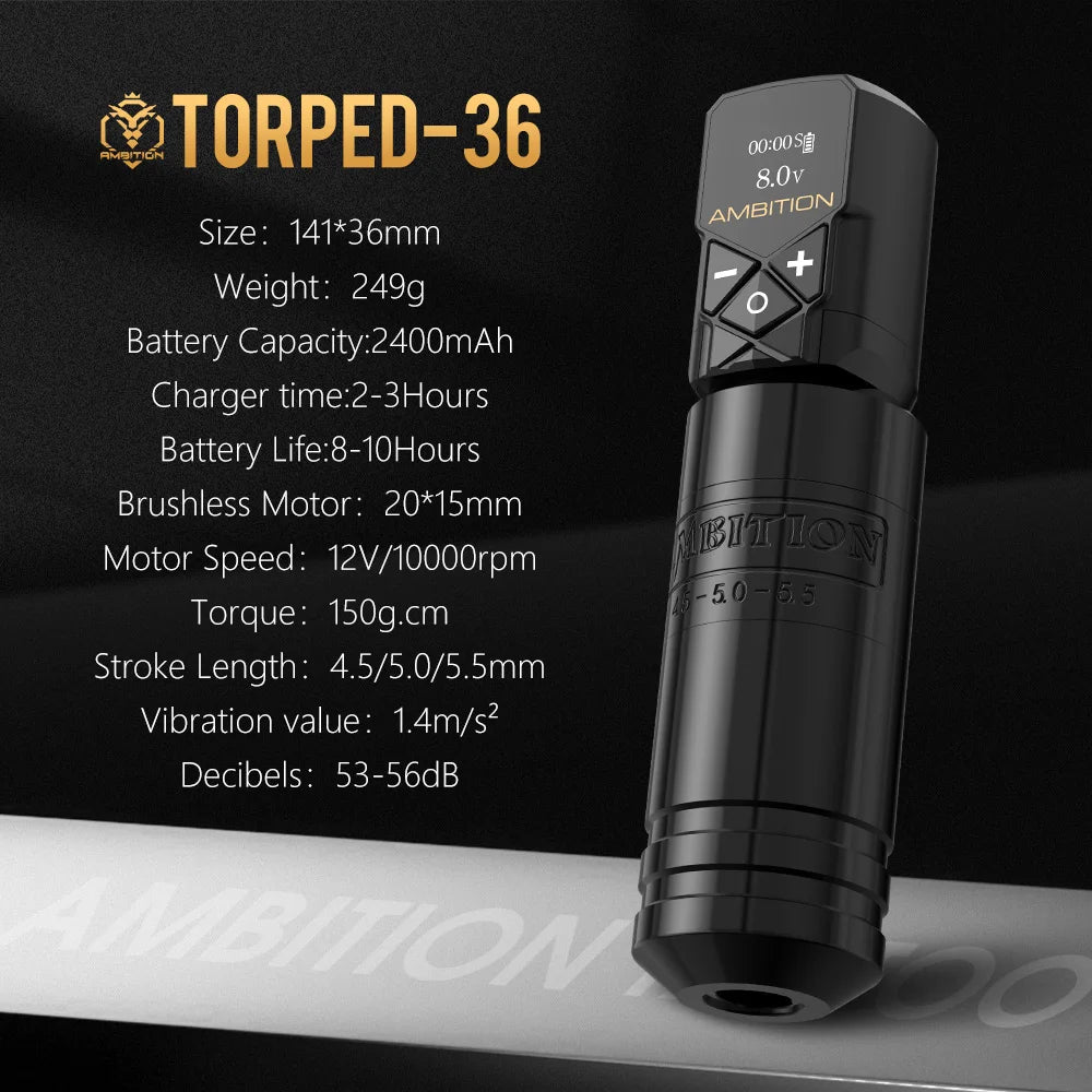 Ambition Torped 36 Stroke 4.5-5.0-5.5mm Powerful Brushless Motor Rotary Tattoo Pen Machine RCA Wireless Kuark 2400mAh Battery