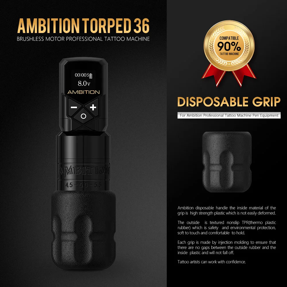 Ambition Torped 36 Stroke 4.5-5.0-5.5mm Powerful Brushless Motor Rotary Tattoo Pen Machine RCA Wireless Kuark 2400mAh Battery