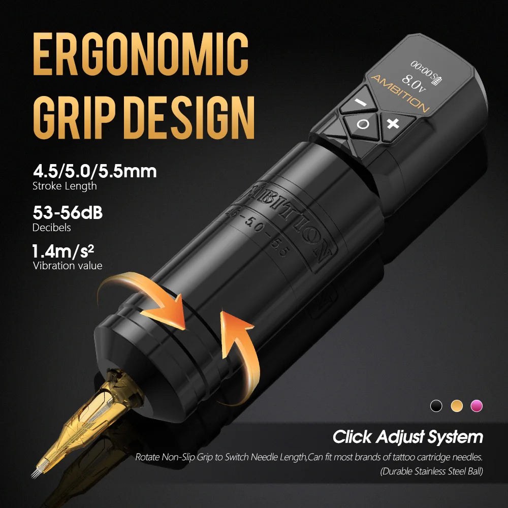 Ambition Torped 36 Stroke 4.5-5.0-5.5mm Powerful Brushless Motor Rotary Tattoo Pen Machine RCA Wireless Kuark 2400mAh Battery
