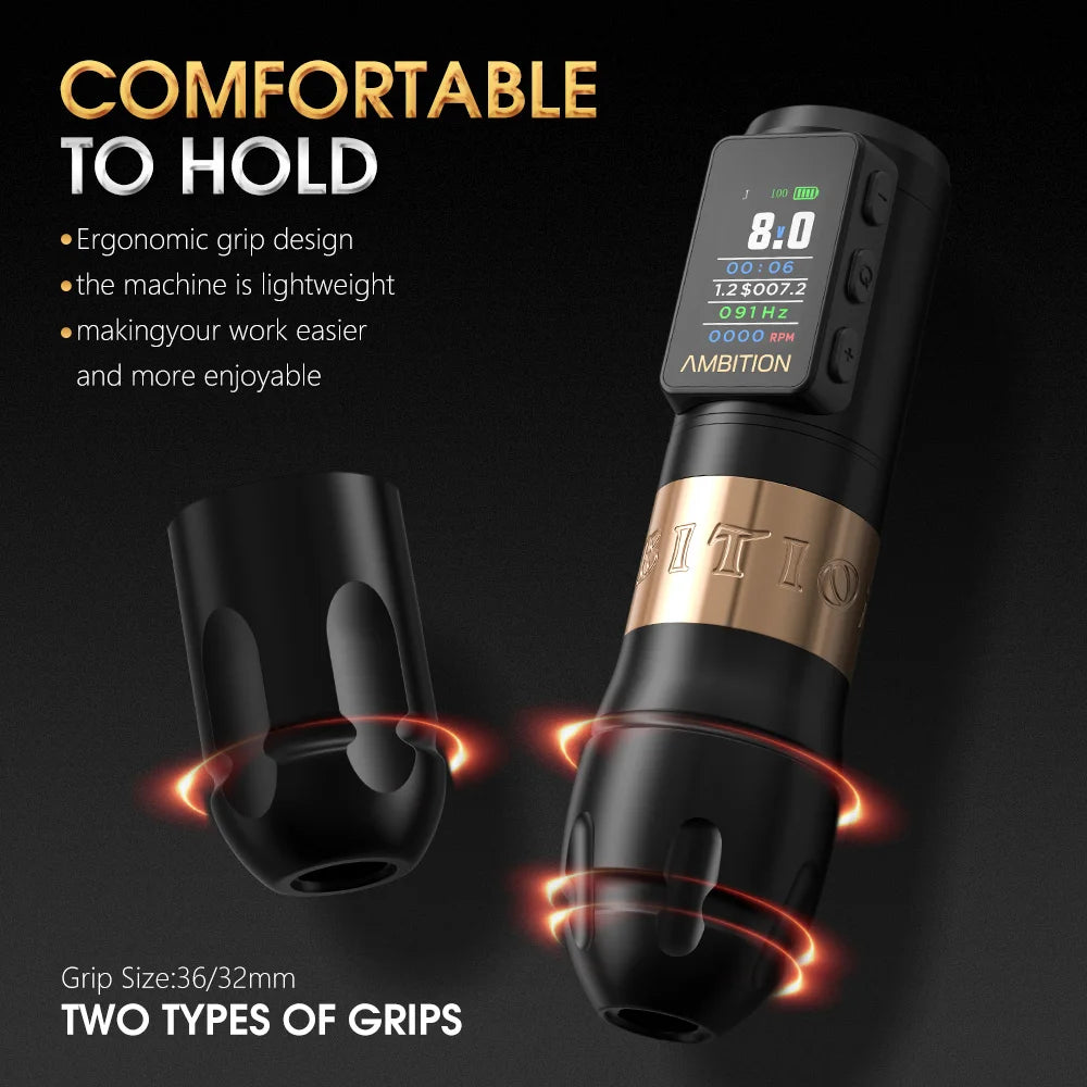 Ambition Vibe Max 2.5-3.5-4.0-4.5mm Stroke Wireless Tattoo Machine Pen Brushless Motor 1800mAh Color Screen Billing Battery