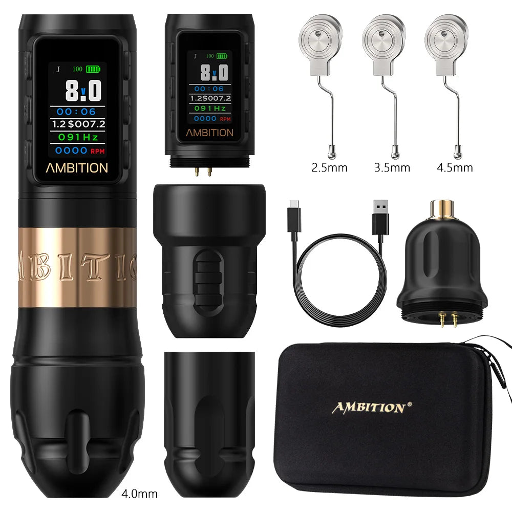 Ambition Vibe Max 2.5-3.5-4.0-4.5mm Stroke Wireless Tattoo Machine Pen Brushless Motor 1800mAh Color Screen Billing Battery