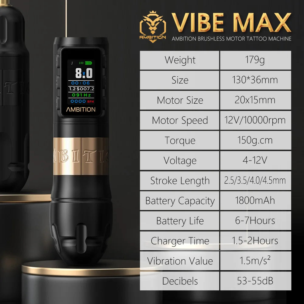 Ambition Vibe Max 2.5-3.5-4.0-4.5mm Stroke Wireless Tattoo Machine Pen Brushless Motor 1800mAh Color Screen Billing Battery