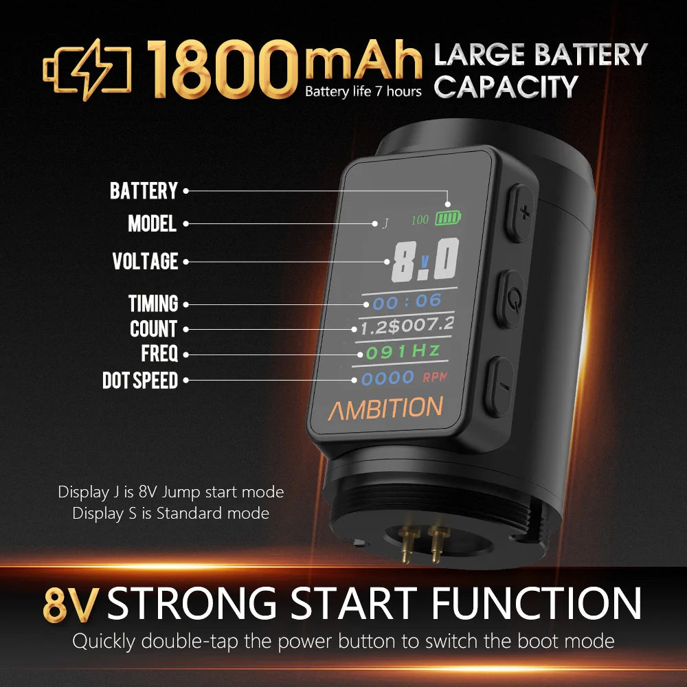 Ambition Vibe Max 2.5-3.5-4.0-4.5mm Stroke Wireless Tattoo Machine Pen Brushless Motor 1800mAh Color Screen Billing Battery