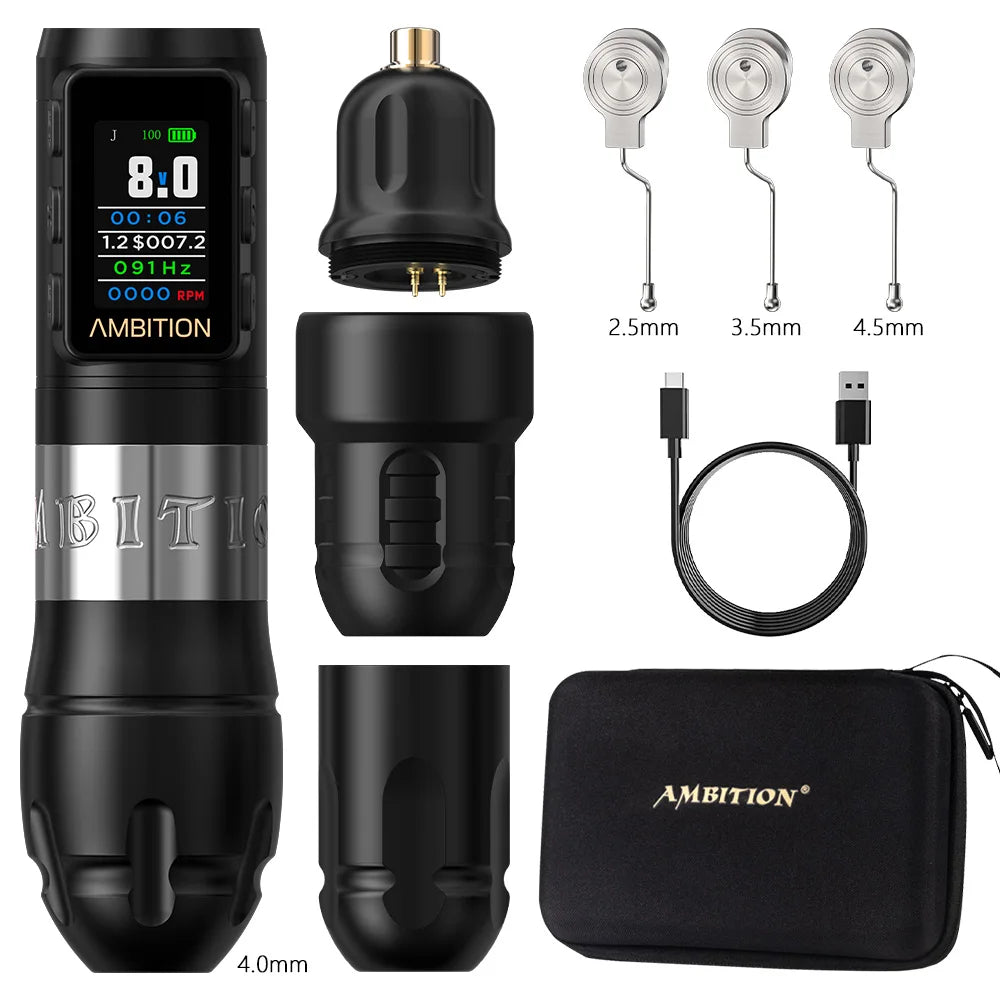 Ambition Vibe Max 2.5-3.5-4.0-4.5mm Stroke Wireless Tattoo Machine Pen Brushless Motor 1800mAh Color Screen Billing Battery