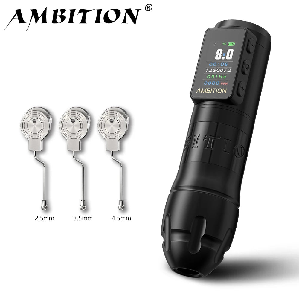 Ambition Vibe Max 2.5-3.5-4.0-4.5mm Stroke Wireless Tattoo Machine Pen Brushless Motor 1800mAh Color Screen Billing Battery