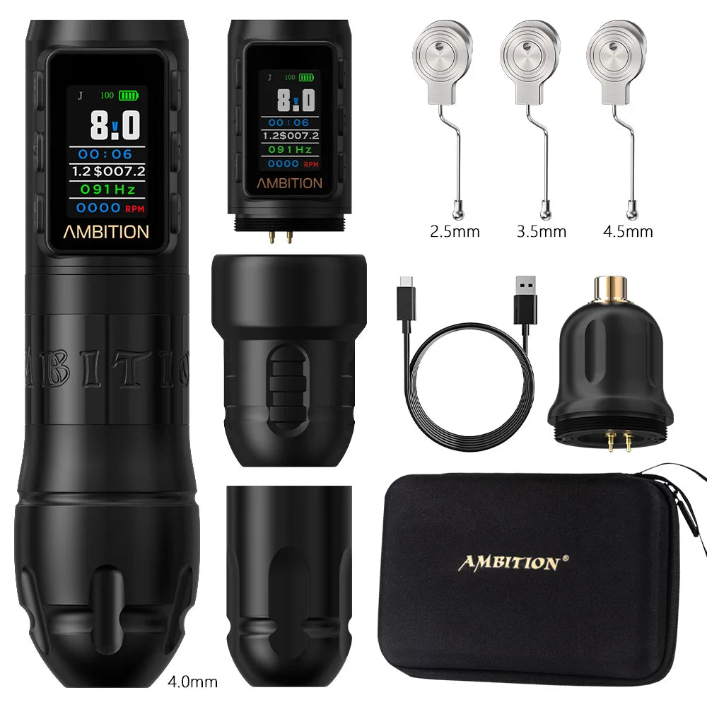 Ambition Vibe Max 2.5-3.5-4.0-4.5mm Stroke Wireless Tattoo Machine Pen Brushless Motor 1800mAh Color Screen Billing Battery