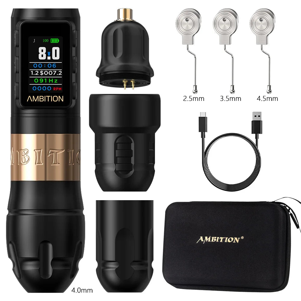 Ambition Vibe Max 2.5-3.5-4.0-4.5mm Stroke Wireless Tattoo Machine Pen Brushless Motor 1800mAh Color Screen Billing Battery