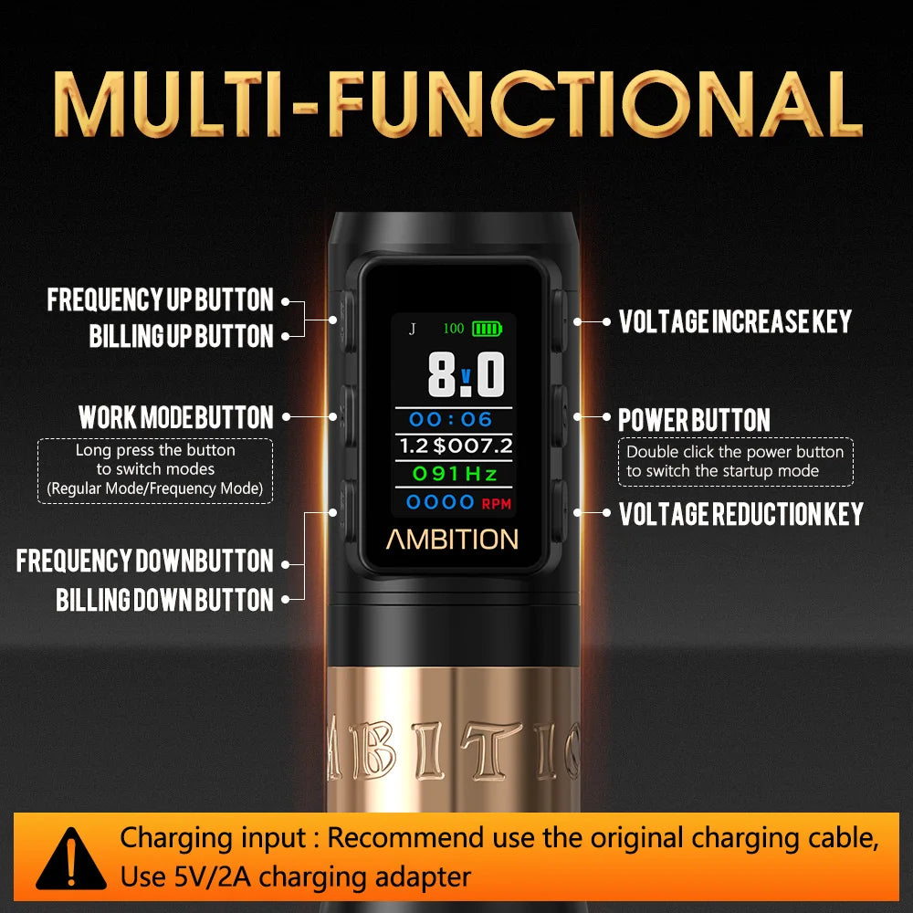 Ambition Vibe Max 2.5-3.5-4.0-4.5mm Stroke Wireless Tattoo Machine Pen Brushless Motor 1800mAh Color Screen Billing Battery