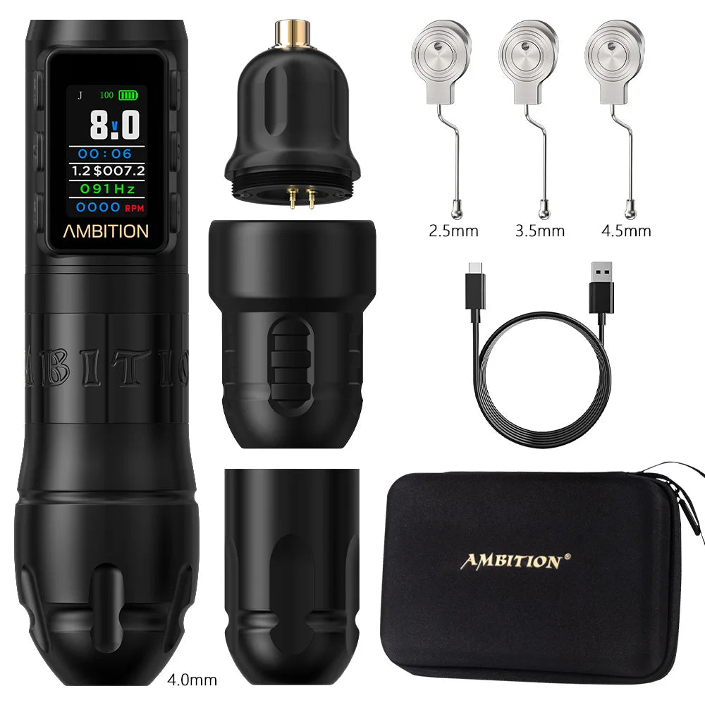 Ambition Vibe Max 2.5-3.5-4.0-4.5mm Stroke Wireless Tattoo Machine Pen Brushless Motor 1800mAh Color Screen Billing Battery