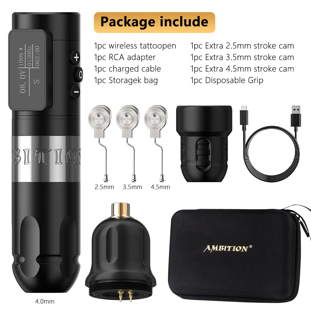 Ambition Vibe Wireless Tattoo Machine Stroke 2.5-3.5-4.0-4.5mm Battery Capacity 1800mAh Brushless Motor Tools for Body Art