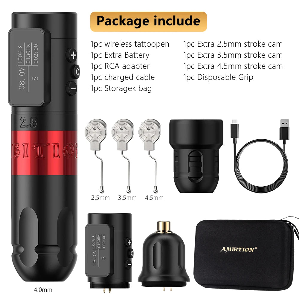Ambition Vibe Wireless Tattoo Machine Stroke 2.5-3.5-4.0-4.5mm Battery Capacity 1800mAh Brushless Motor Tools for Body Art
