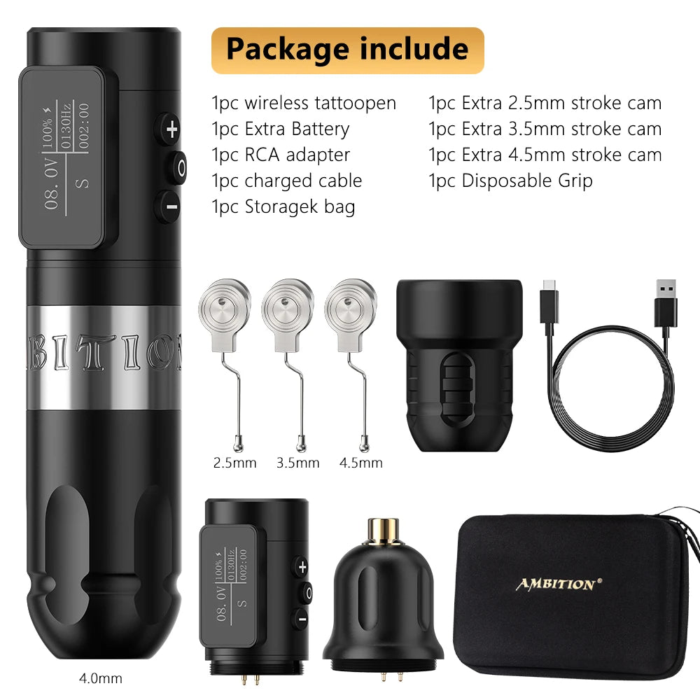 Ambition Vibe Wireless Tattoo Machine Stroke 2.5-3.5-4.0-4.5mm Battery Capacity 1800mAh Brushless Motor Tools for Body Art