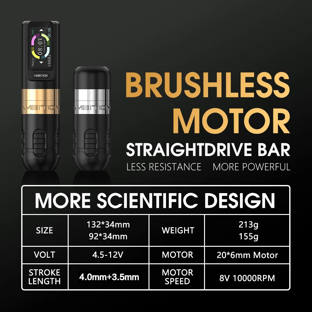 Ambition Zetton Wireless Tattoo Machine Pen Set Newest Straight Rod Structure Brushless Motor 2400mAh Battery 4.0mm 3.5mm Stroke