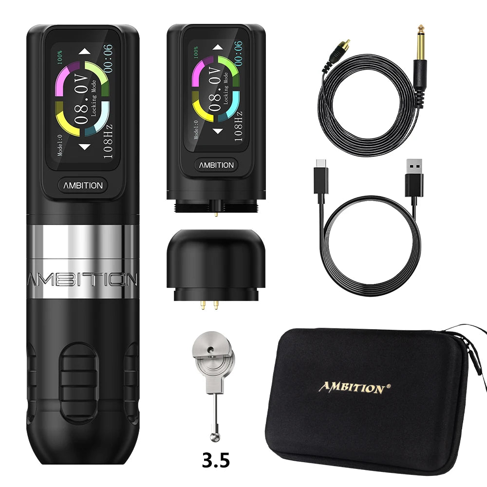 Ambition Zetton Wireless Tattoo Machine Pen Set Newest Straight Rod Structure Brushless Motor 2400mAh Battery 4.0mm 3.5mm Stroke