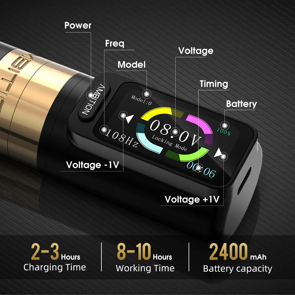 Ambition Zetton Wireless Tattoo Machine Pen Set Newest Straight Rod Structure Brushless Motor 2400mAh Battery 4.0mm 3.5mm Stroke