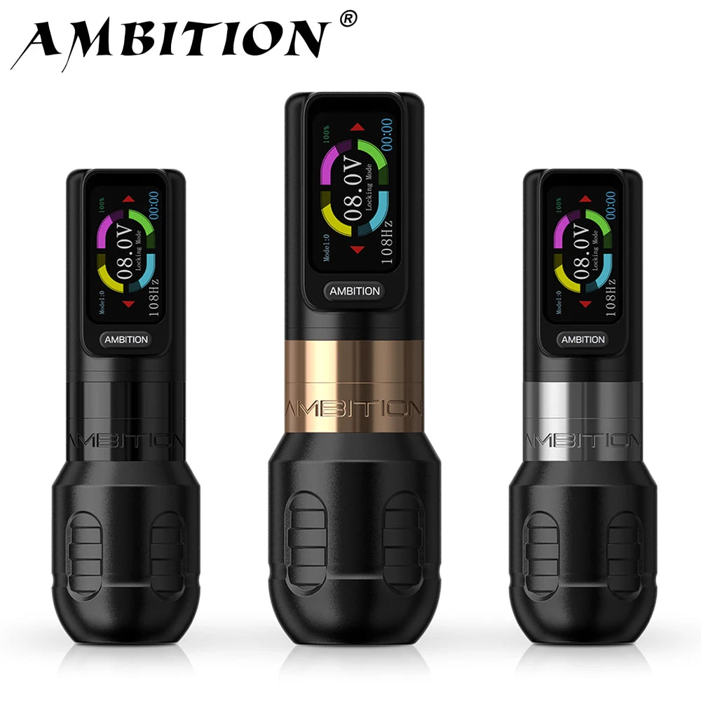 Ambition Zetton Wireless Tattoo Machine Pen Straight Rod Brushless Motor 2400mAh Battery 4.0mm+3.5mm Stroke Grip 34-42mm Size