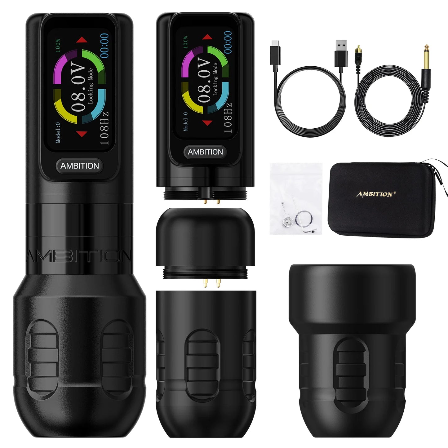Ambition Zetton Wireless Tattoo Machine Pen Straight Rod Brushless Motor 2400mAh Battery 4.0mm+3.5mm Stroke Grip 34-42mm Size