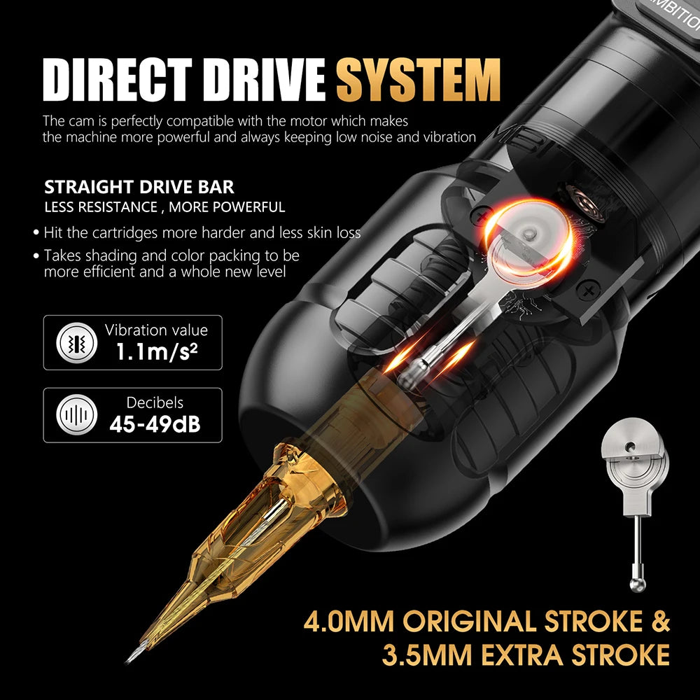 Ambition Zetton Wireless Tattoo Machine Pen Straight Rod Brushless Motor 2400mAh Battery 4.0mm+3.5mm Stroke Grip 34-42mm Size