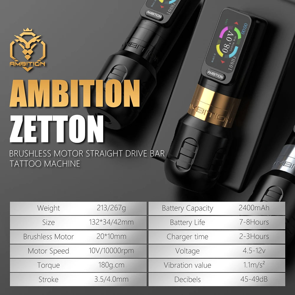 Ambition Zetton Wireless Tattoo Machine Pen Straight Rod Brushless Motor 2400mAh Battery 4.0mm+3.5mm Stroke Grip 34-42mm Size