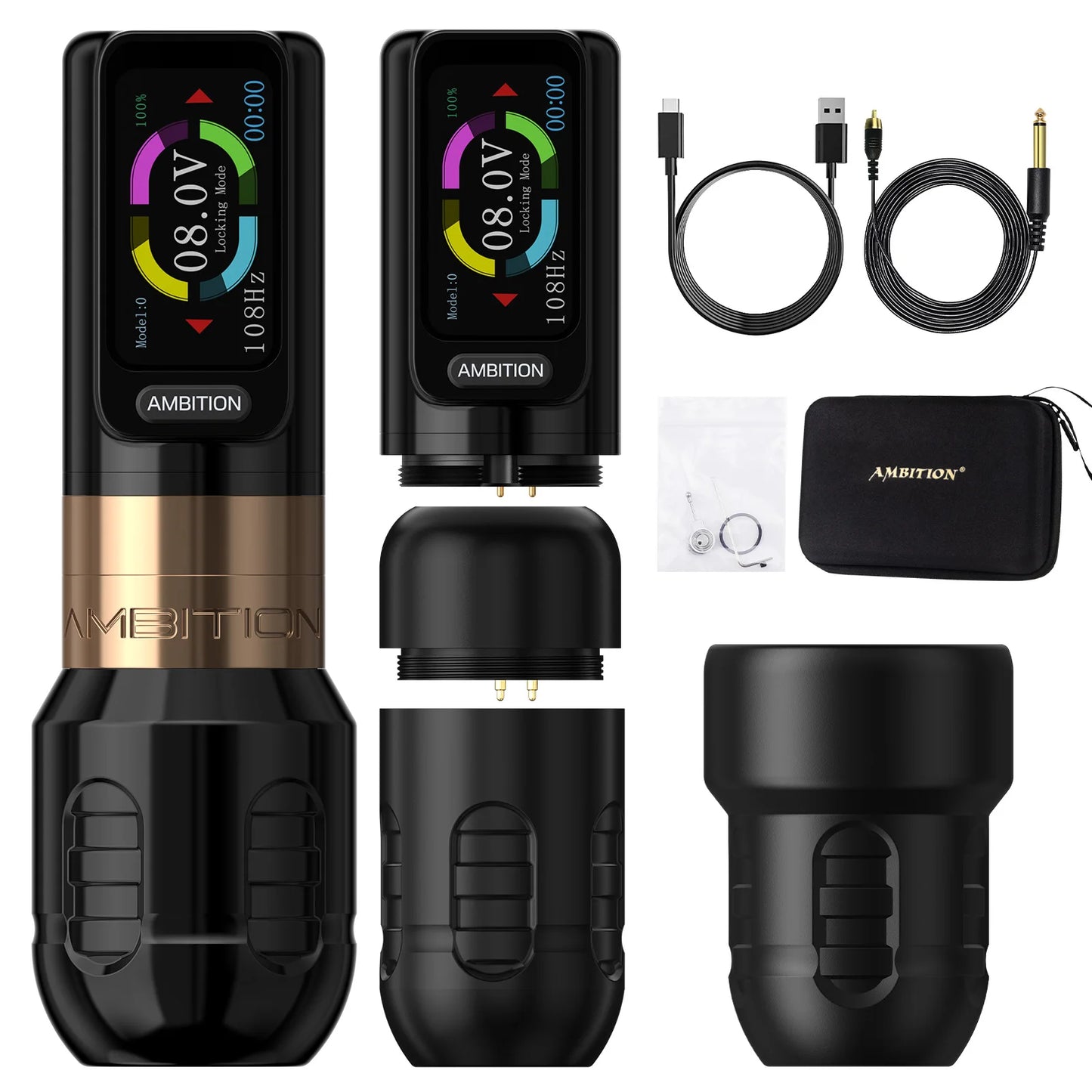Ambition Zetton Wireless Tattoo Machine Pen Straight Rod Brushless Motor 2400mAh Battery 4.0mm+3.5mm Stroke Grip 34-42mm Size