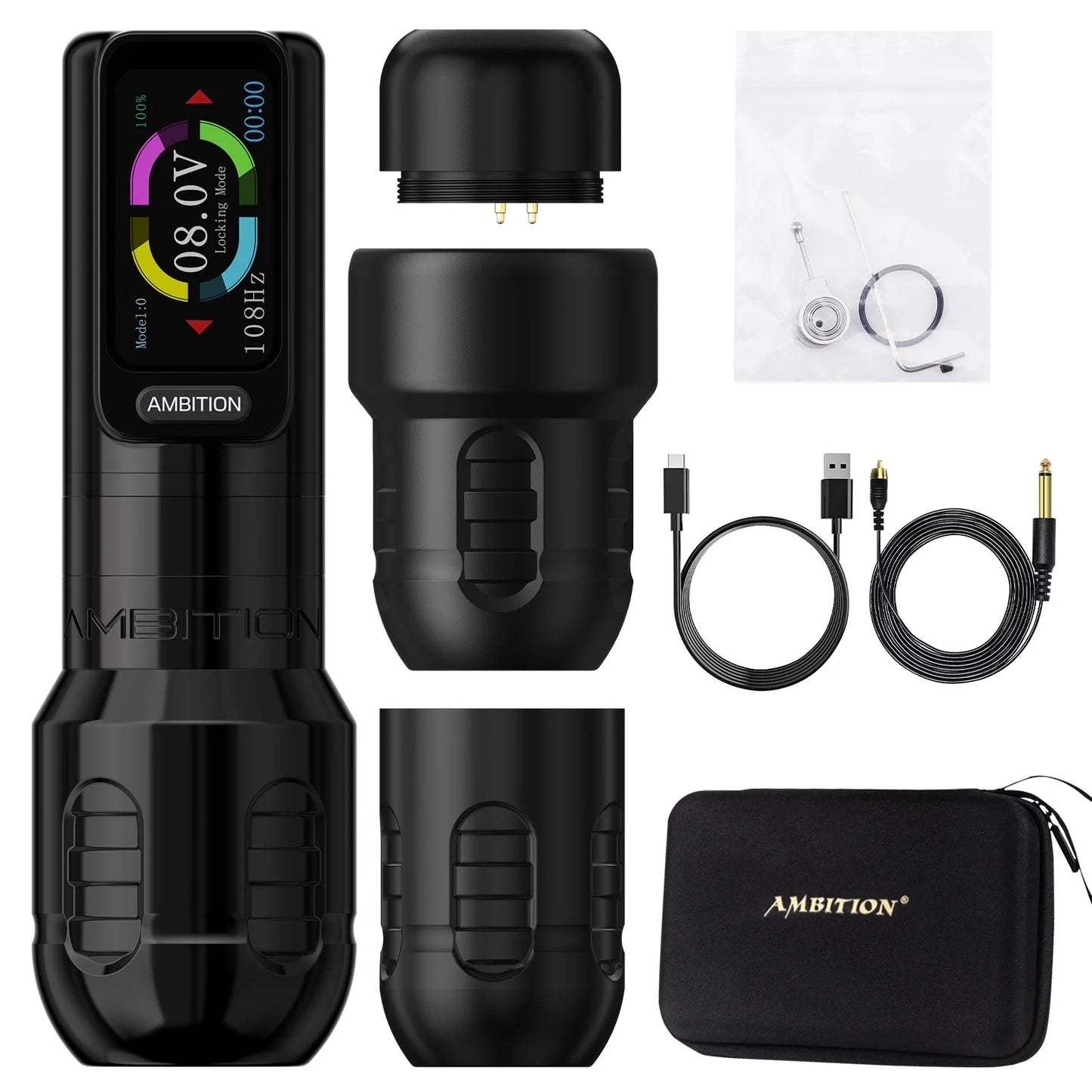 Ambition Zetton Wireless Tattoo Machine Pen Straight Rod Brushless Motor 2400mAh Battery 4.0mm+3.5mm Stroke Grip 34-42mm Size
